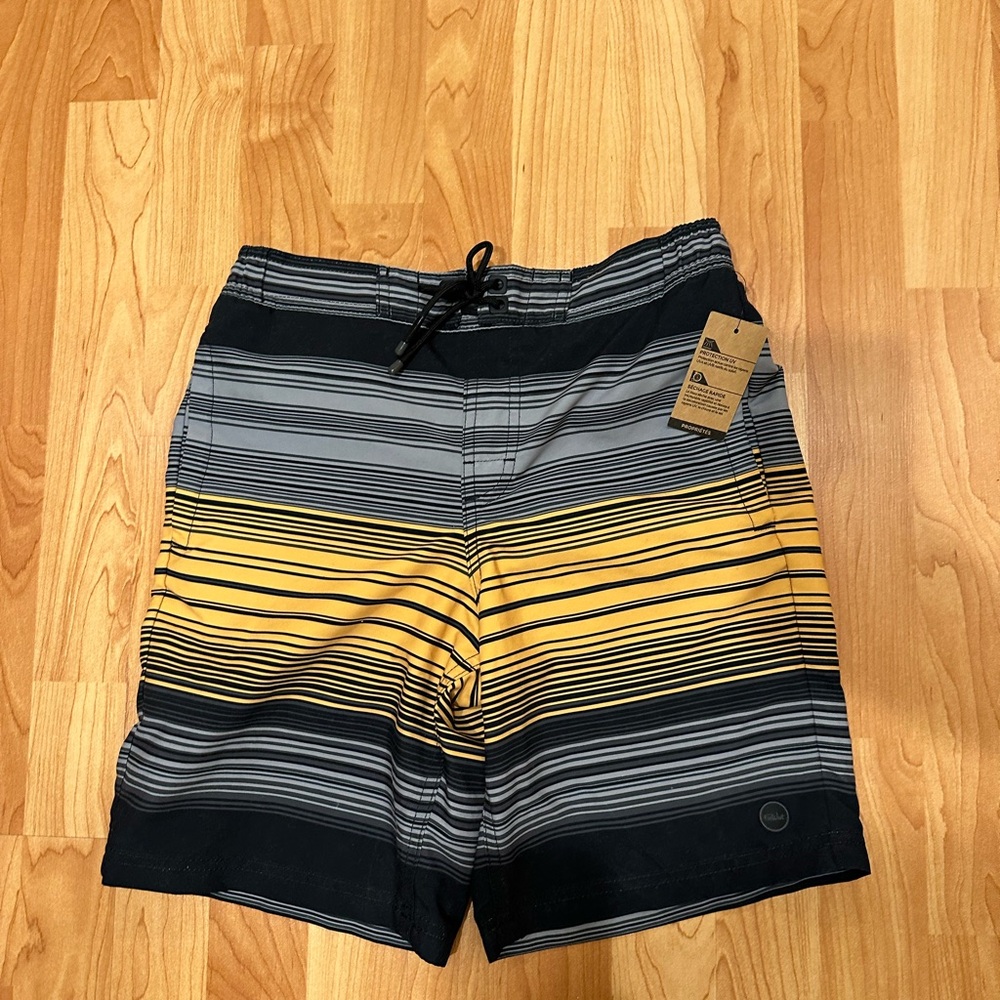 Boys Farwest Striped Swim Shorts (Size 12) - Black, Gray, Yellow
